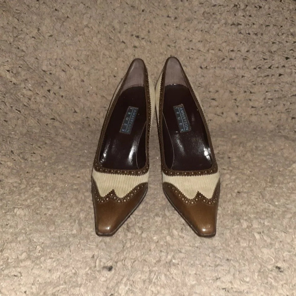 LAMBERTSON TRUEX-Brown Leather-Beige Suede-Snip Toe Brogue Pump-Sz37.5-Excellent - Picture 3 of 7